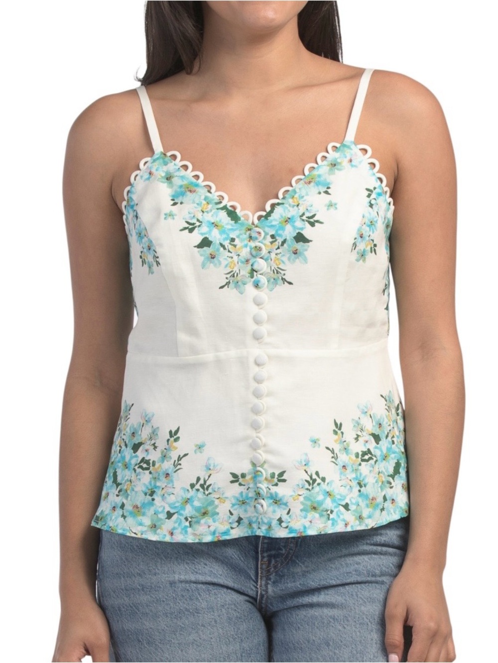 Elie Tahari White Camisole with Aqua Floral Embroidery